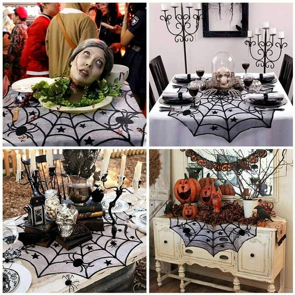 Halloween Lace Spiderweb Round Tablecloth 40 Inch, Black Gothic Cobweb Table Topper with Elegant Yet Spooky Design, Haunted House Decor for Dining Table, Coffee Table & Buffet