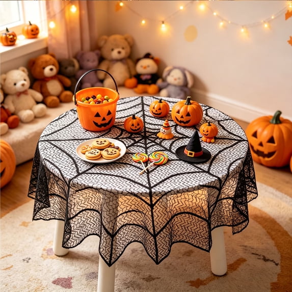 Halloween Lace Tablecloth, 40 Inch Black Spiderweb Fabric Tablecloth, 100% Polyester Lace Fabric, Halloween Round Fabric Table Cover for Home Party Table Decor