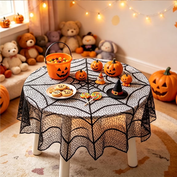 Halloween Lace Tablecloth, 40 Inch Black Spiderweb Fabric Tablecloth, 100% Polyester Lace Fabric, Halloween Round Fabric Table Cover for Home Party Table Decor