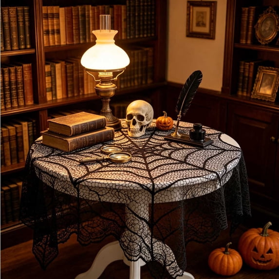 Halloween Lace Tablecloth, Black Spiderweb Design Fabric Table Cover, Sheer Mesh Overlay for Dining Room Buffet, Party Centerpiece, Fireplace Mantel, Spooky Season Tablescape, Black-B
