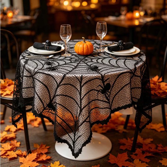 Halloween Lace Tablecloth, Black Spiderweb Design Fabric Table Cover, Sheer Mesh Overlay for Dining Room Buffet, Party Centerpiece, Fireplace Mantel, Spooky Season Tablescape, Black-A