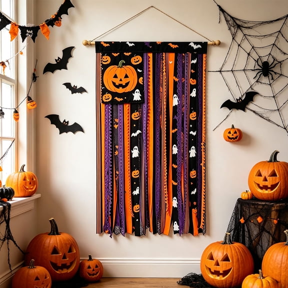 Halloween Lace Tassel Door Hanging Banner, Pre Assembled Wrinkle Resistant Foldable Storage Vivid Print Spooky Fabric Drape, Entryway Focal Decor for Foyer Fireplace Halloween Party Backdrop Setup