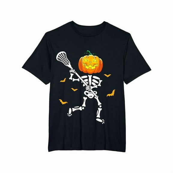 Halloween Lacrosse Pumpkin Graphic Tee T Shirt Top Skeleton Design Premium Casual Cotton Crew Neck Black S-5XL