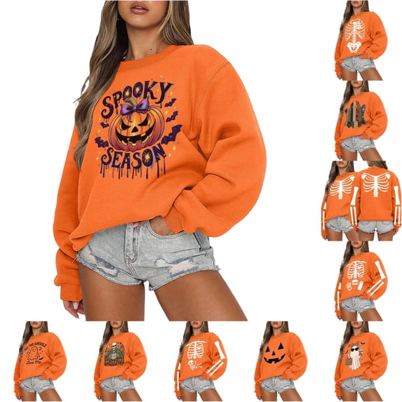 Halloween Ladies Sweatshirt Without Hood With Print Autumn Comfortable Top Festive Crew Neck Pullover For Casual Denim Season Orange1 M