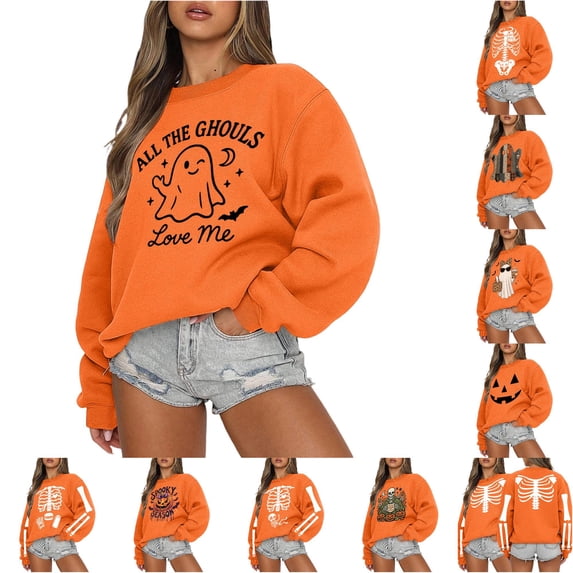 Halloween Ladies Sweatshirt Without Hood With Print Autumn Comfortable Top Festive Crew Neck Pullover For Casual Denim Season Orange4 XXL