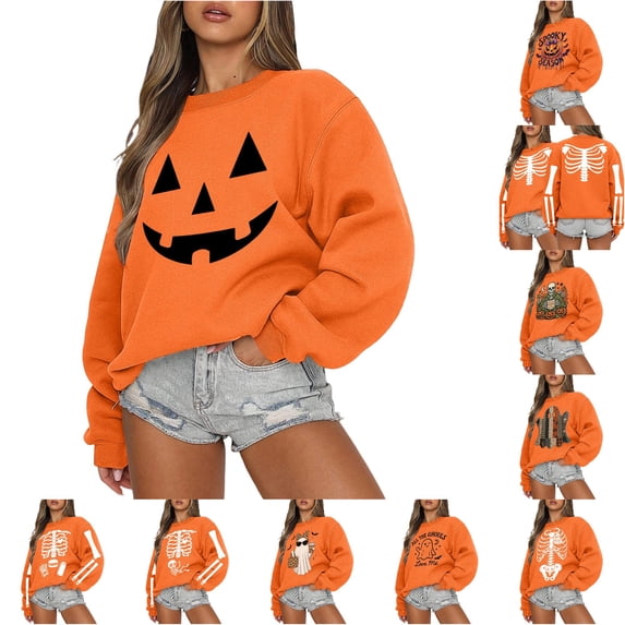 Halloween Ladies Sweatshirt Without Hood With Print Autumn Comfortable Top Festive Crew Neck Pullover For Casual Denim Season Yellow1 XXL