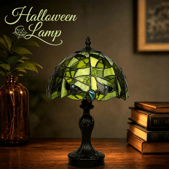Halloween Green Dome Night Light, 14in LED Table Lamp with Tiffany Style Shade for Bedroom, Mantel and Party Decor