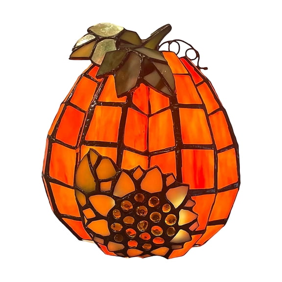 Halloween Sunflower Pumpkin Night Light, 5.91in Battery Operated Tiffany Table Lamp with Leaf Stem for Bedroom and Fall Decor