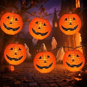 Halloween Lantern String Lights, Jack O Lanterns Pumpkin String Lights Plug in, 10 Orange Lights String 4.9ft Connectable Indoor Outdoor Halloween Decorations