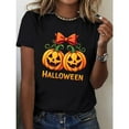 thumbnail image 1 of Halloween Lantern Tee Pumpkin Bat Design T Shirt Smiling Frowning Face Graphic Tees Tops Black S-5XL, 1 of 5
