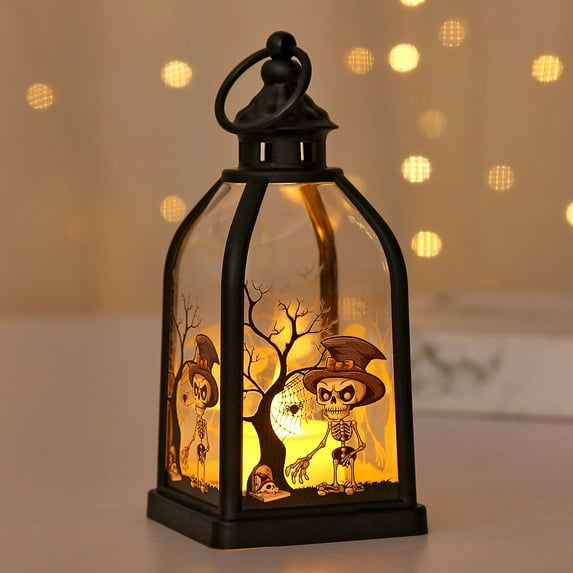 Halloween Lanterns 6 Inch Vintage Candle Decorative Hanging Graveyard Witch Black Mini Decorations Battery Operated for Home Indoor Outdoor(C)
