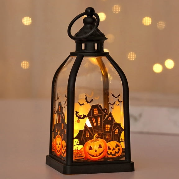 Halloween Lanterns Decoration 5.6" Height Retro Pumpkin Hanging Lamp Graveyard Flameless Candle Holder with Transparent Glass Day of The Dead Lantern Gift for Home Halloween Party Supplies