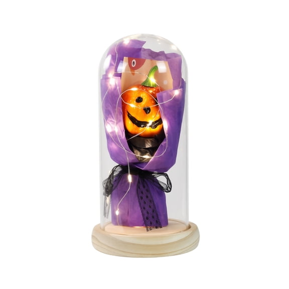 Halloween Lanterns Glass Cloche with LED String Lights & Floral Bouquet,Cute Pumpkin head Halloween Tabletop Decor Indoor, Wood Base Gift Set for Home, Mantel