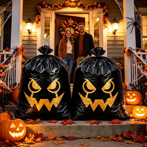 Halloween Large Storage Bags Heavy‑Duty Holiday Cartoon Ghost Face Decor Organizer Sacks Multi‑Purpose Yard Leaf Waste Collection Bags For Indoor Outdoor Halloween Party Decor