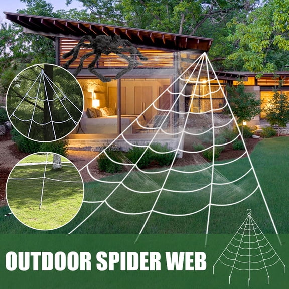 Halloween Large Triangular Outdoor Spider Web Decor Kit, White Stretch Giant Cobweb with Ground Stakes & Hanging Hook for Yard Lawn Tree Villa Porch Haunted House Spooky Party Ornament