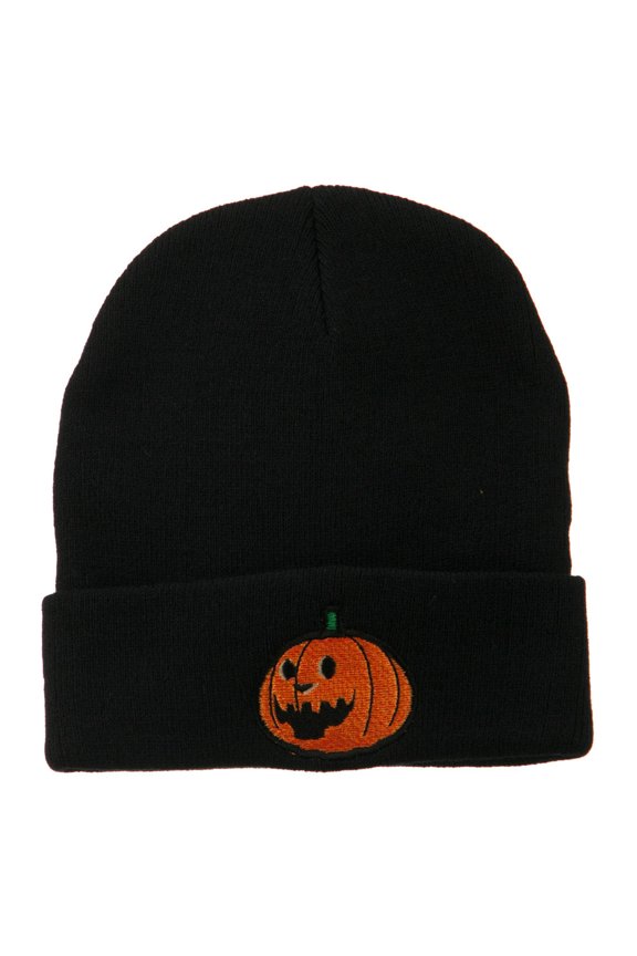 Halloween Laughing Jack o Lantern Embroidered Long Beanie - Black OSFM