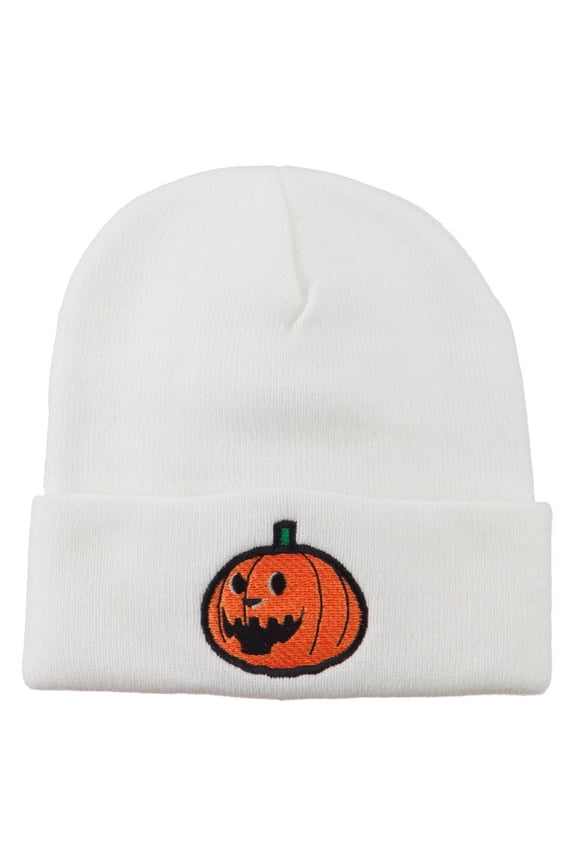 Halloween Laughing Jack o Lantern Embroidered Long Beanie - White OSFM
