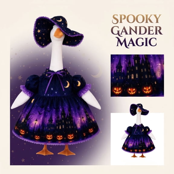 Halloween Lawn Goose Outfit Set -Witch Dress & Matching Hat for Porch Goose Statue, Purple Starry Night & Pumpkin Castle Pattern Goose Clothes (Goose Not Included)