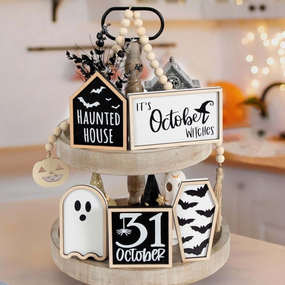 Halloween Layered Tray Decor Set with Coffin Mini Signs, Wood Material, 5 Pieces and Garland for Tabletop or Mantel Display