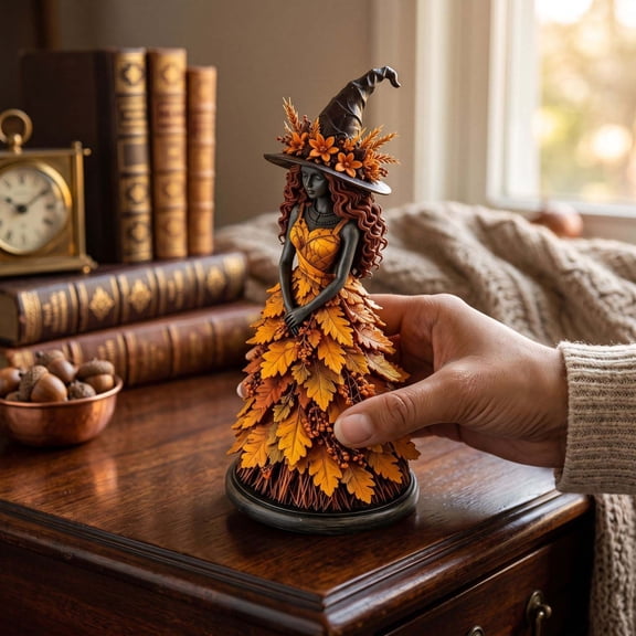 Halloween Leaf Witch Statue,3.94in Autumn Resin Forest Witch Figurine,Nature Witch Sculpture Tabletop Ornament for Fall Mantel Shelf Home Decor