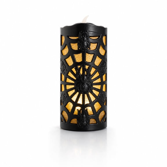 Halloween Led Flameless Candle With Skull Embossed Design And Spiderweb Pattern Black Battery Operated Decorative Candle 3.93 X 1.77 Inch 1 Count