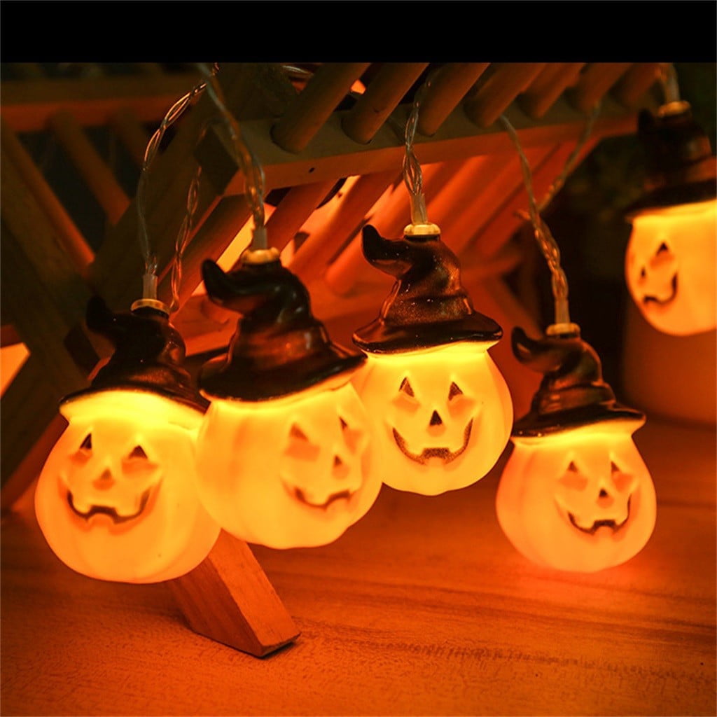 7FT Halloween Pumpkin Curtain Lights - 10 Witch Hat Pumpkin & 15 Orange LED String Lights