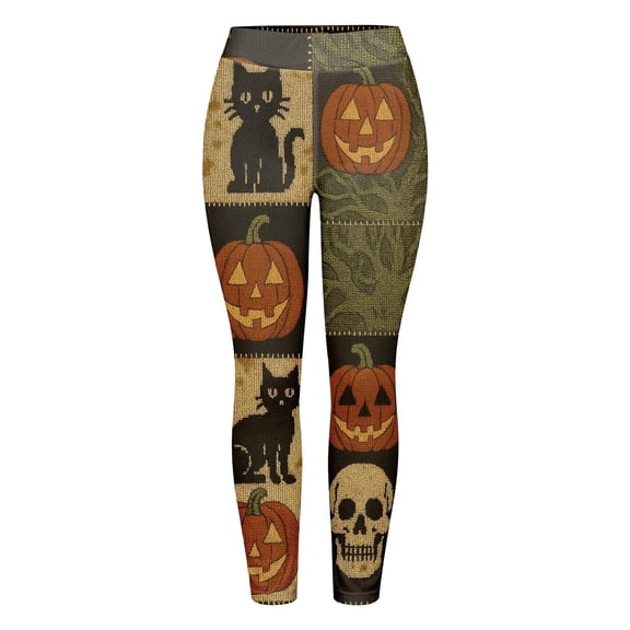 Halloween Leggings For Women Patchwork Cat Pumpkin Skull Knit Print Cozy Lightweight Soft Leggings for Workout Gym Casual