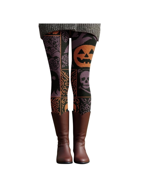 Halloween Leggings for Women Yoga Pants Pumpkin Print Party Tights Vintage Patchwork Halloween Leggings Breathable Stretch Fabric, Great for Fall Casual Outfits