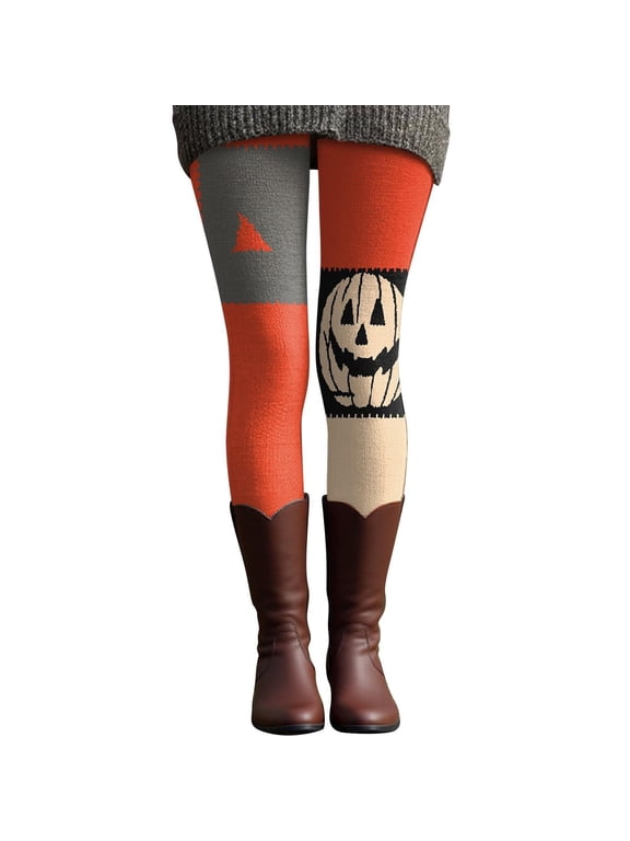 Halloween Leggings for Women Yoga Pants Pumpkin Print Party Tights Vintage Patchwork Halloween Leggings Breathable Stretch Fabric, Great for Fall Casual Outfits