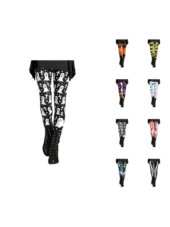 Halloween Leggings for Women Spooky Print Elastic High Waist Stretchy Tight Pants Workout Yoga Pants