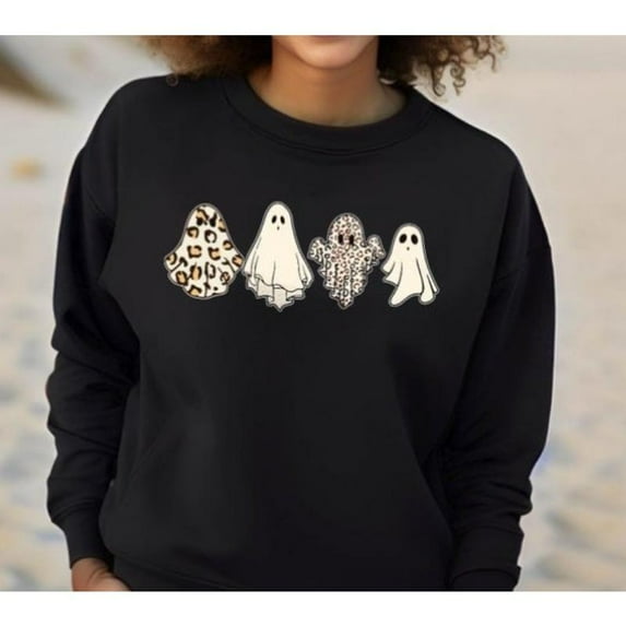 Halloween Leopard Ghost Graphic Sweatshirt Top Cute Girly Spooky Long Sleeve Round Neck Black S-3XL