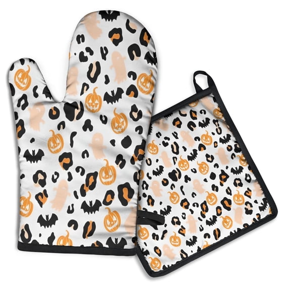 Halloween Leopard Print Ghosts Bats and Pumpkins Kitchen Oven Mitt and Pot Holder Sets 2 Pcs for Baking, Cooking and Grilling, Heat Resistant Up To 392 °F