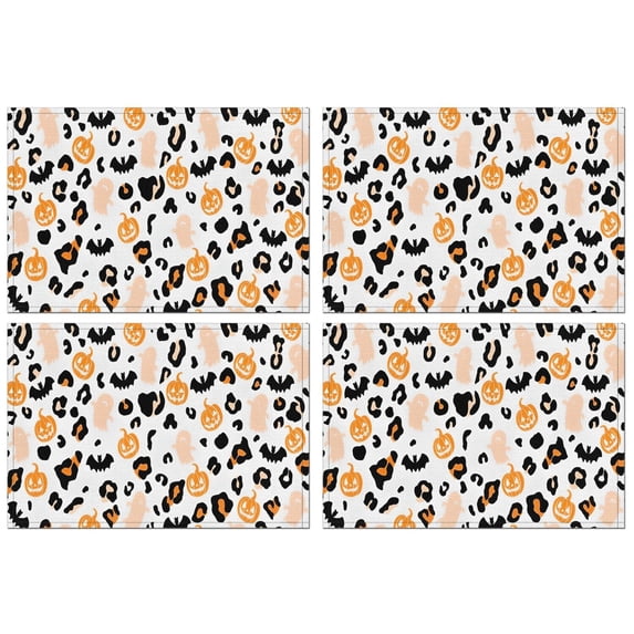 Halloween Leopard Print Ghosts Bats and Pumpkins Summer Placemats Table Placemats Set Of 4-Linen Kitchen Washable Placemats Table Mats 11.8"x17.7" Non-Slip Heat Resistant