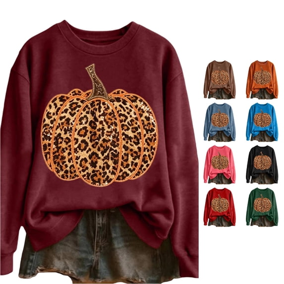 Halloween Leopard Print Pumpkin Graphic Pullover Crew Neck Long Sleeve Casual Sweatshirt Cozy Fall Winter Layering Top for Women L