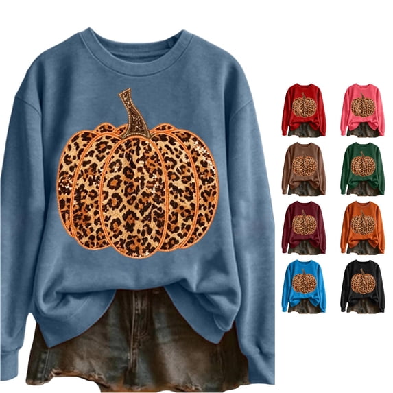 Halloween Leopard Print Pumpkin Graphic Pullover Crew Neck Long Sleeve Casual Sweatshirt Cozy Fall Winter Layering Top for Women XL