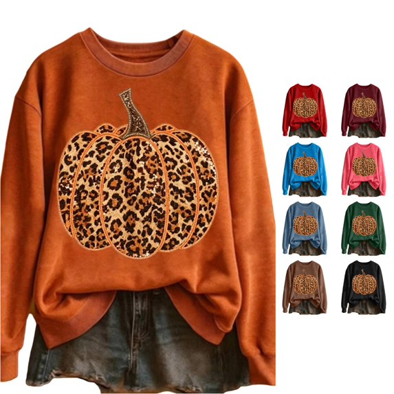 Halloween Leopard Print Pumpkin Graphic Pullover Crew Neck Long Sleeve Casual Sweatshirt Cozy Fall Winter Layering Top for Women XXL