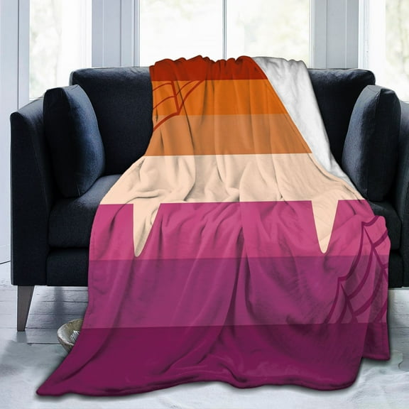 Halloween Lesbian Pride Flag Themed Flannel Blanket - Spooky Spider Web & Bat Print, Soft Lightweight, All-Season Machine Washable Throw for Home, Office, or Gift