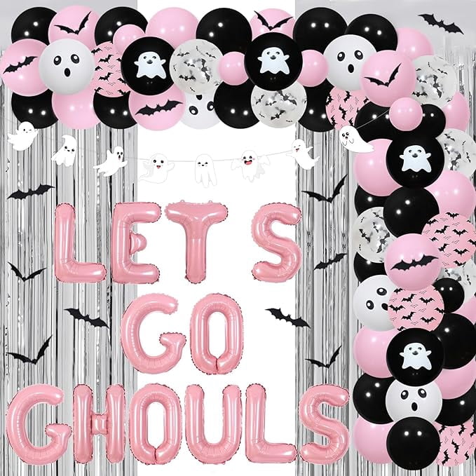 Halloween Let's Go Ghouls Decorations, Pink Black Ghost Bachelorette Balloon Garland Arch Kit Fringe Curtain Banner, Spooky Groovy Bridal Shower Engagement Birthday Party Supplies