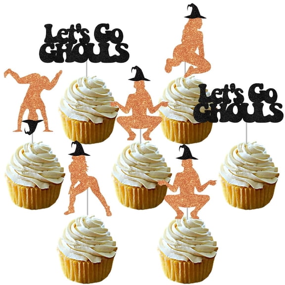 Halloween Lets Go Ghouls Themed Cake Card Set 25 PCS Glitter Orange Black Dancing Ghouls Cupcake Toppers Party Dessert Table Decor Cake Picks Halloween Celebration Supplies