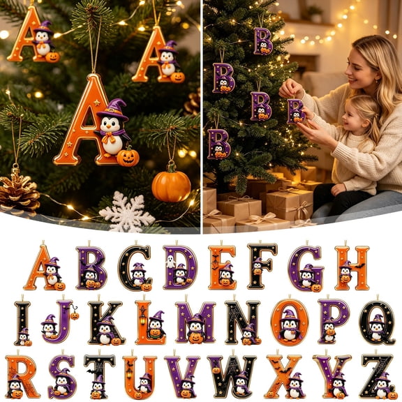 Halloween Letter Ornament, 3.15 x 3.15in Penguin Alphabet Initial Hanging Decoration, Acrylic A-Z Choice for Halloween Tree, Wreath and Party Decor