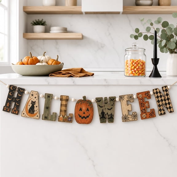 Halloween Letter Wooden Garland, Vintage Pumpkin Ghost Hanging Decor, Spooky Mantel Ornament, Gothic Fall Home Decoration, Party Gift