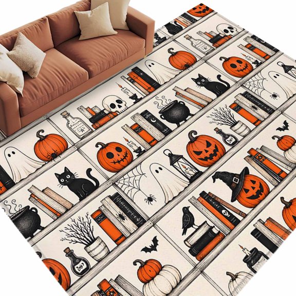 Halloween Library Area Rug 8x10 Washable Rug Non Slip Spooky Bookcase Cats Pumpkins Ghost Large Area Rug Soft Stainresistant Indoor Floor Carpet for Living Room Bedroom Office Dining Room Nursery