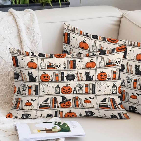 Halloween Library Body Pillow Cover, Pillowcase Protectors with Zipper, Breathable Decorative Throw Pillow Case Cover, Spooky Bookcase Cats Pumpkins Ghost Pillow Shams for Couch Sofa 24x36Inch
