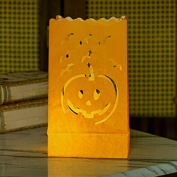 Halloween Light Bags with Electronic Candles Fireproof Pumpkin Lanterns for Outdoor Party Decorations Tea Light Holders Lantern Luminaries Spooky Pathway Markers 15x26cm Yellow Paper