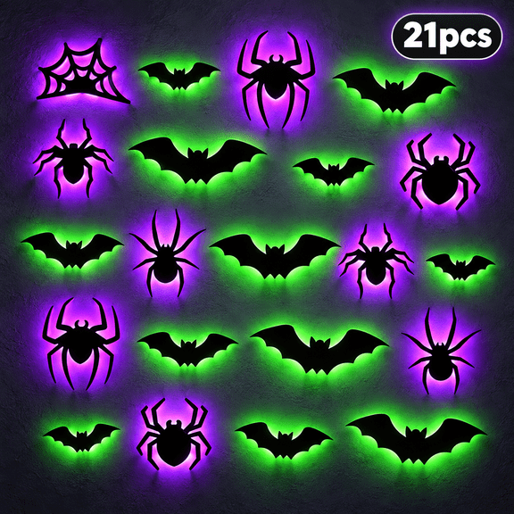 Halloween Light Up Bats and Spiders Wall Decor, 21 Pcs Glowing LED Bat Spider Decorations with Purple Green Lights, 3D Halloween Decor for Indoor Outdoor Window Party