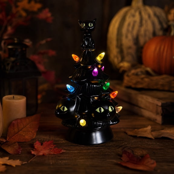Halloween Light Up Black Cat Tree, Vintage Glossy Black Cat Tabletop Tree Lamp with Multicolor Bulb Lights, Spooky Fall Mantel Decor, for Halloween, Party, Shelf Ornament