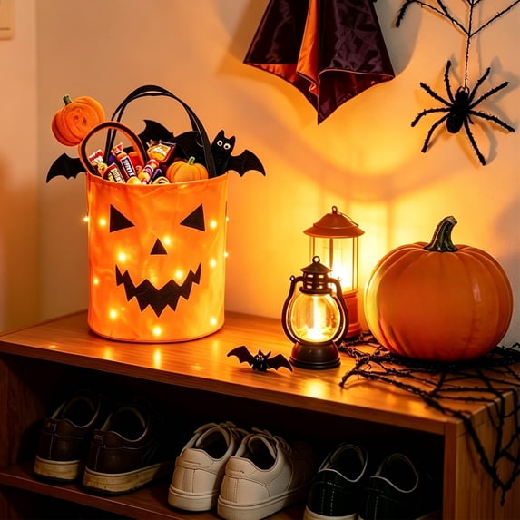 Halloween Light Up Candy Bucket Tote Bag, Reusable LED Trick or Treat Basket with Handle, Collapsible Fabric Candy Holder for Halloween Party Favors, Halloween Night Decor, 8.66 inch x 9.45 in