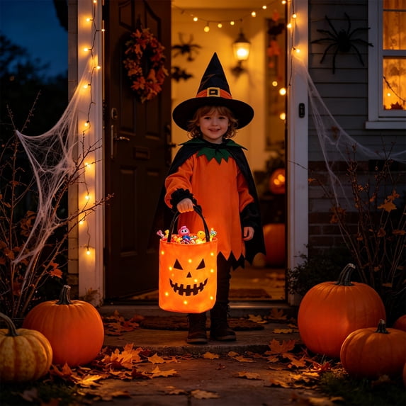 Halloween Light Up Candy Bucket Tote Bag, Reusable LED Trick or Treat Basket with Handle, Collapsible Fabric Candy Holder for Halloween Party Favors, Halloween Night Decor, 8.66 inch x 9.45 in