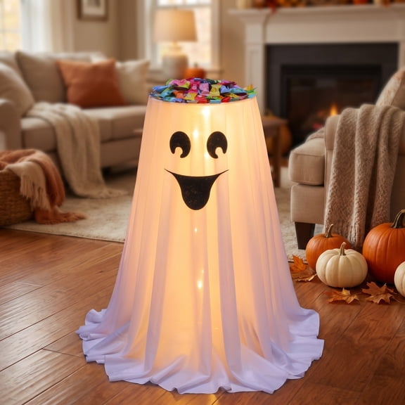 Halloween Light Up Ghost Candy Bowl Stand, Remote Control LED Animated Ghost Treat Holder, Spooky Candy Container for Front Porch Trunk or Treat, Cute Halloween Candy Dispenser for Teen Holiday Party
