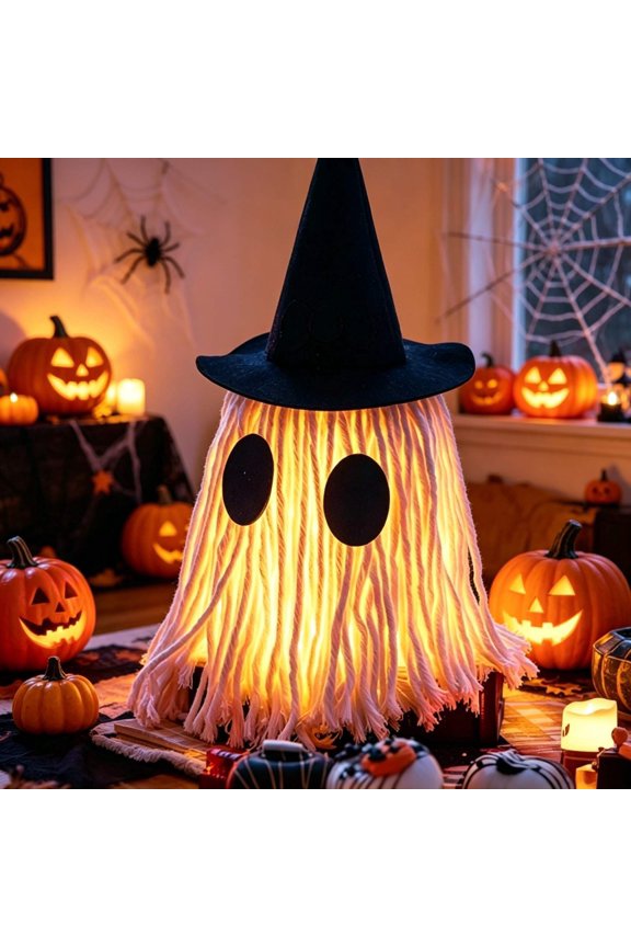 Halloween Light Up Ghost Decor with Witch Hat, Glowing Yarn Ghost Table Ornament, Halloween Ghost Decor for Outdoor, Gift for Home Party Decorations Random